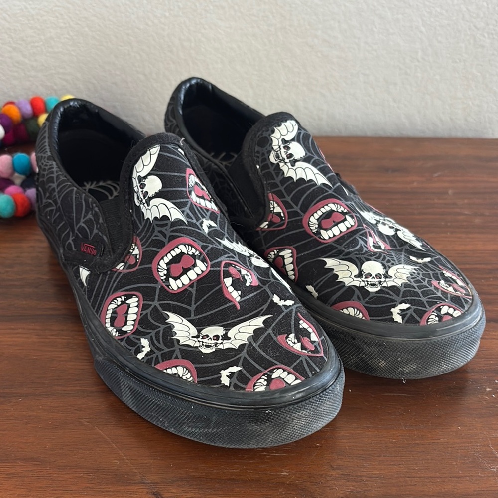 Kids Vans Black Slip-Ons with Vampire and Web Design